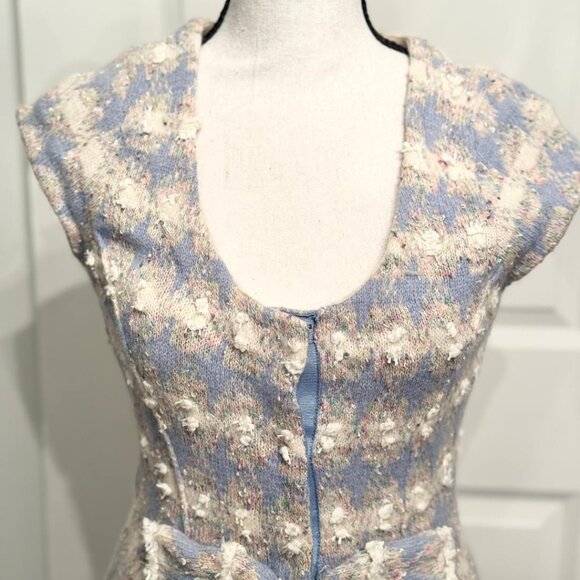 Charlie & Robin Light Blue Cream Wool Short Sleeve Sweater Vest w/Bow, XS - Picture 4 of 5
